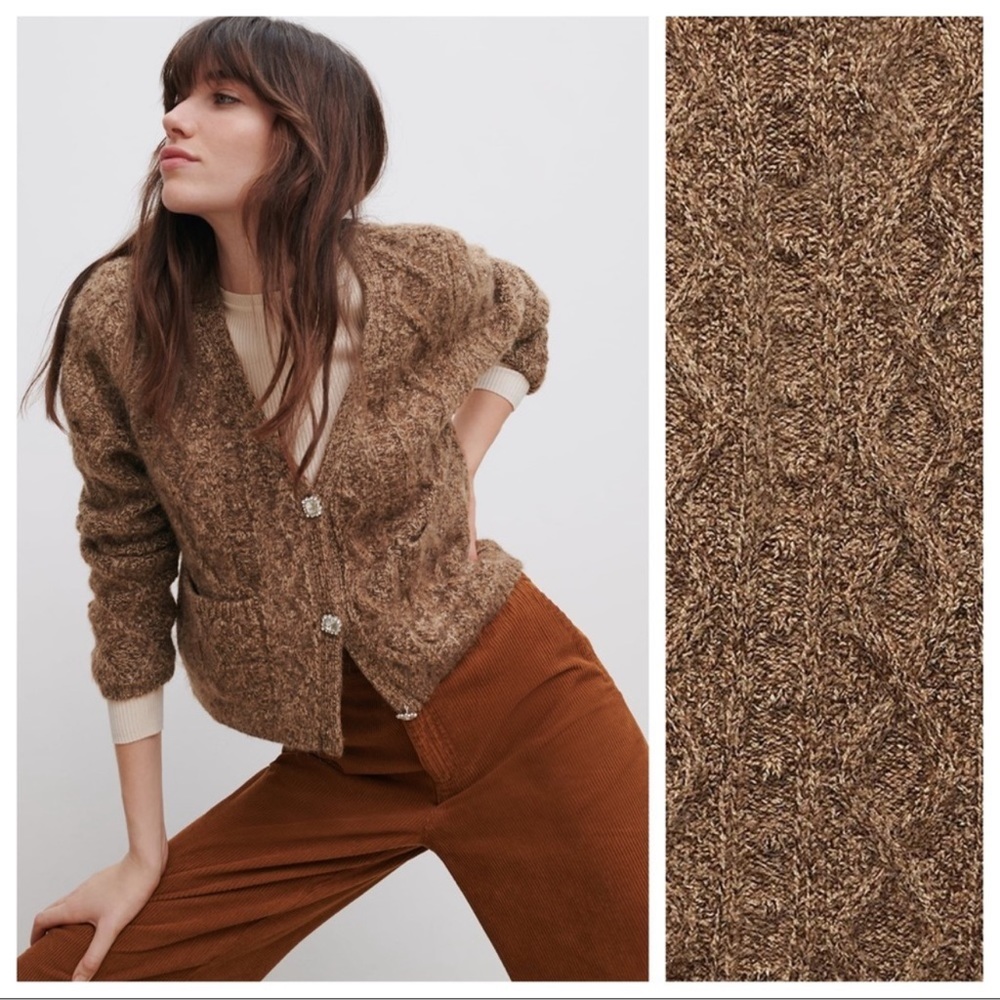 Zara brown chunky cable knit cropped cardigan jewel buttons